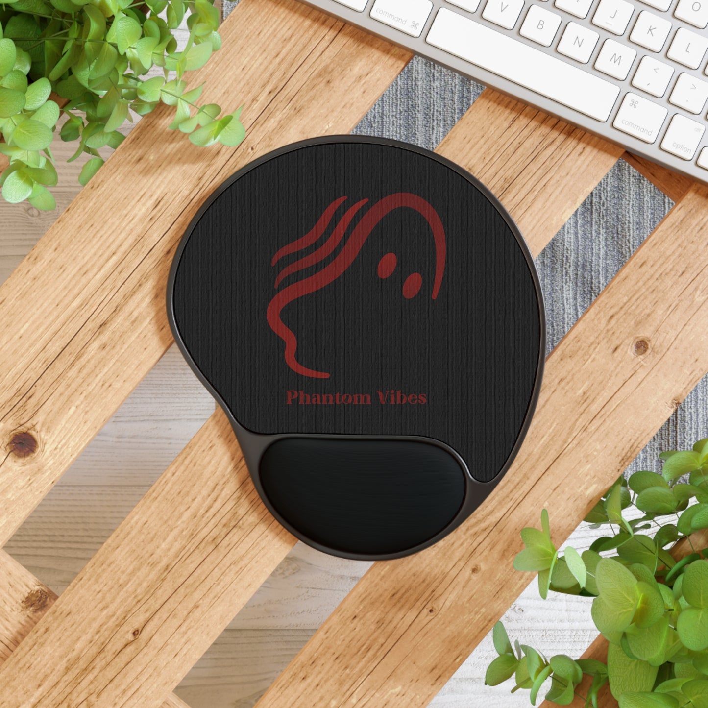Phantom Vibes Light Red Logo Mouse Pad with Wrist Rest - Ergonomic Desk Accessory for Comfort and Style