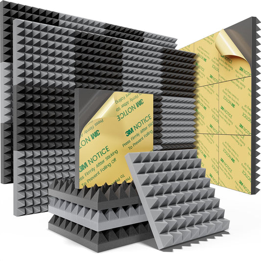 Sonicism Pyramid 36 Pack Acoustic Panels with Self-Adhesive,12" X 12" X 2" Sound Proof Foam Panels for Walls Fast Expand,Soundproof Wall Panels High Density,Sound Absorption and Decoration Black/Gray